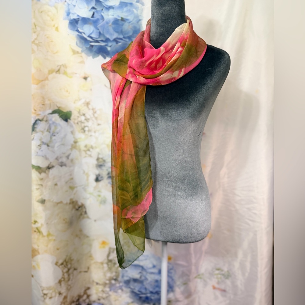 Soft silky Pink and Green Scarf 63” x 19” Lily Pad Design Sheer